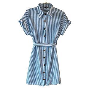 Blue & White Striped Shirt-Style Belted Dress – Size US L (8–10) / EU 40–4